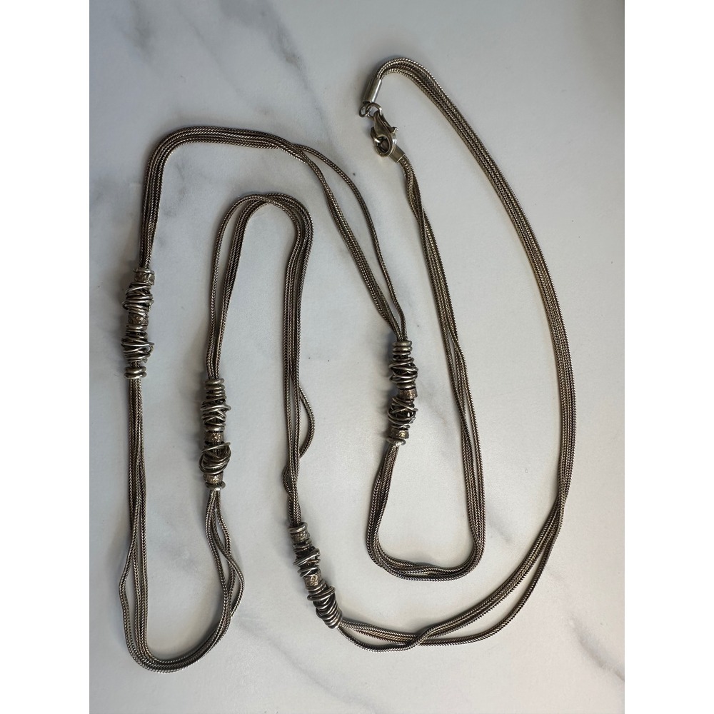 925 Sterling Silver Multi Strand Wheat Chain Necklace Wire Wrapped Beads 41in